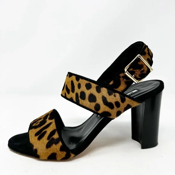 Manolo Blahnik Leopard Calf Hair Block Heel Sandals Size 37 US 7